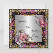60歳の誕生日 ピンクの花と蝶のゴールドシルバー 招待状 (正面)