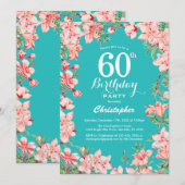 60歳の誕生日 ピンクの花 花 ティールブルーの背景 招待状 (正面/裏面)