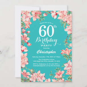 60歳の誕生日 ピンクの花 花 ティールブルーの背景 招待状