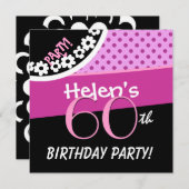 60歳の誕生日 ピンク 白 黒 水玉模様 W316C 招待状 (正面/裏面)