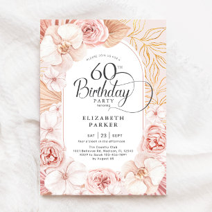 60歳の誕生日 ブッシュピンク ゴールド フラワー 招待状