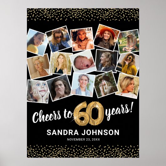 60歳の誕生日 ブラックゴールド 写真パーティー ポスター (正面)