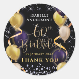 60歳の誕生日 ブラック グリッターバルーン ラウンドシール