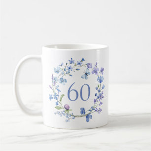 60歳の誕生日 ブルー 花柄 モノグラム コーヒーマグカップ