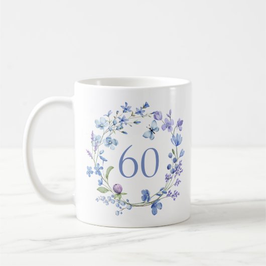 60歳の誕生日 ブルー 花柄 モノグラム コーヒーマグカップ (左)