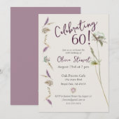 60歳の誕生日 ボーホー フラワーの水彩 招待状 (正面/裏面)