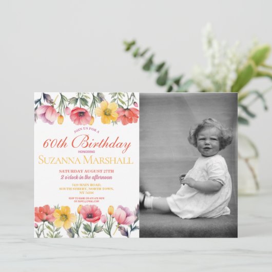 60歳の誕生日 ポピー 春の花の写真 招待状 (スタンド正面)