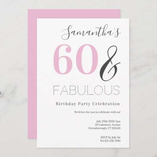 60歳の誕生日 モダン ピンク パーティー 招待状 (正面/裏面)