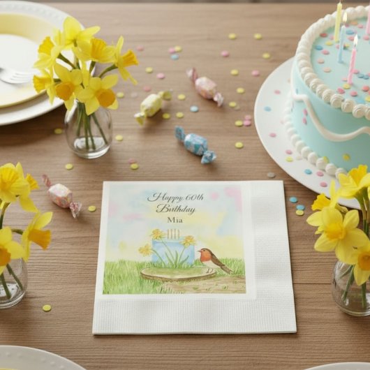 60歳の誕生日 ロビンとラッパスイセンのケーキ 縁ありカクテルナプキン