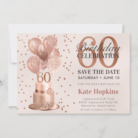 60歳の誕生日 ローズゴールドケーキ Save The Date セーブザデート (正面)