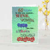 60歳の誕生日、ワインの女性とソングカード カード (黄色い花)