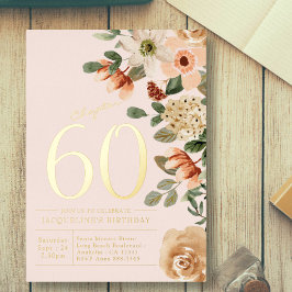 60歳の誕生日 ヴィンテージ フラワー ピーチ 箔招待状