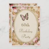 60歳の誕生日 ヴィンテージ ローズ バタフライ ミュージック ノーツ 招待状 (正面/裏面)