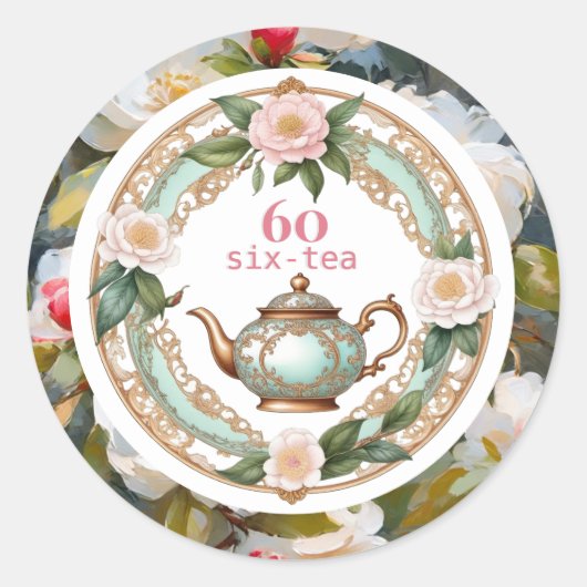 60歳の誕生日 六十茶愛好家 ティーポット 葉 花柄 ラウンドシール (正面)