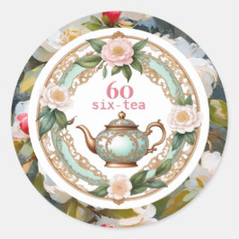 60歳の誕生日 六十茶愛好家 ティーポット 葉 花柄 ラウンドシール