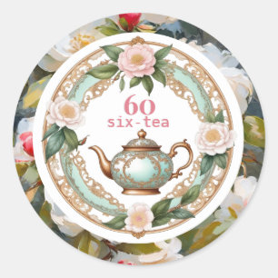60歳の誕生日 六十茶愛好家 ティーポット 葉 花柄 ラウンドシール