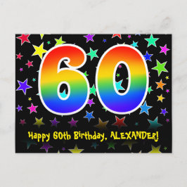 60歳の誕生日:楽しいスター柄、虹60、名前 ポストカード