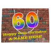 60歳の誕生日:楽しい落書き風レインボー # 60 ラージペーパーバッグ (正面)