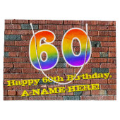 60歳の誕生日:楽しい落書き風レインボー # 60 ラージペーパーバッグ (裏面)
