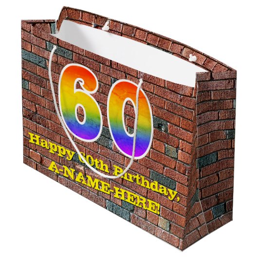 60歳の誕生日:楽しい落書き風レインボー # 60 ラージペーパーバッグ (裏面アングル)