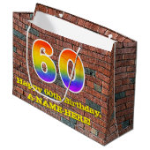 60歳の誕生日:楽しい落書き風レインボー # 60 ラージペーパーバッグ (正面アングル)