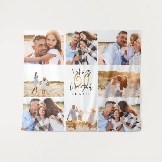 60歳の誕生日 現代的な黒と金のフォトコラージュ タペストリー (正面(横))