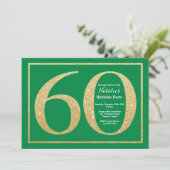 60歳の誕生日 緑と金のグリッター 招待状 (スタンド正面)