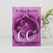 60歳の誕生日 美しい紫のバラのメタリック紙 招待状 (スタンド正面)