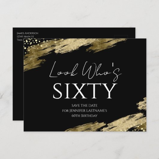 60歳の誕生日 誰が ゴールド ブラック Save the Date ポストカード (正面/裏面)