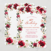 60歳の誕生日 赤いバラとピンクの芍薬の花束 招待状 (正面/裏面)