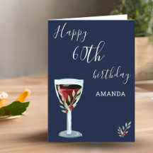 60歳の誕生日 赤ワイン ローズ 水彩 ネイビーブルー