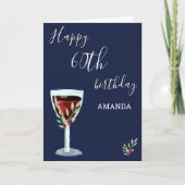60歳の誕生日 赤ワイン ローズ 水彩 ネイビーブルー カード (正面)