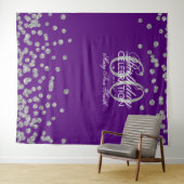 60歳の誕生日 銀紫の飾り ストライプ背景 タペストリー (インサイチュ(横))