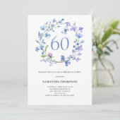 60歳の誕生日 青い花の水彩招待状 招待状 (スタンド正面)