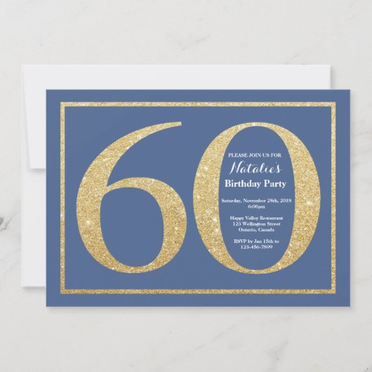 60歳の誕生日 青と金のグリッター 招待状 (正面)