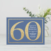60歳の誕生日 青と金のグリッター 招待状 (スタンド正面)