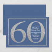 60歳の誕生日 青と銀のグリッター 招待状 (正面/裏面)