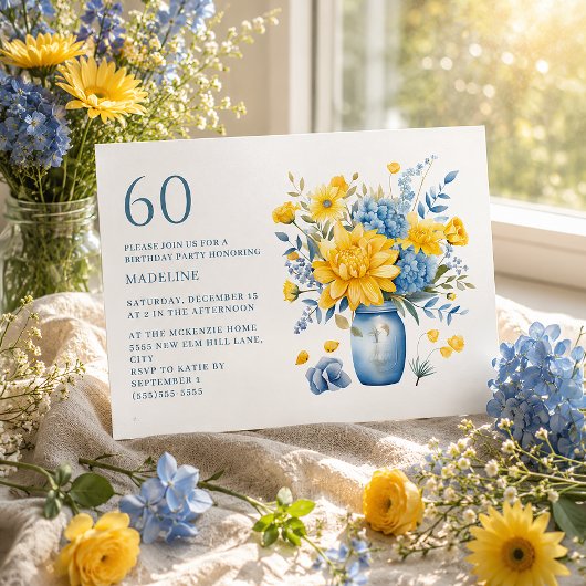 60歳の誕生日 黄色い花 ブルー 花瓶 招待状