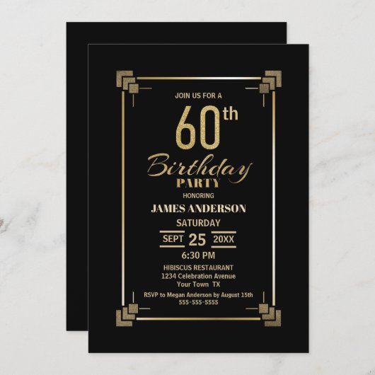 60歳の誕生日 黒と金のパーティー招待状 招待状 (正面/裏面)