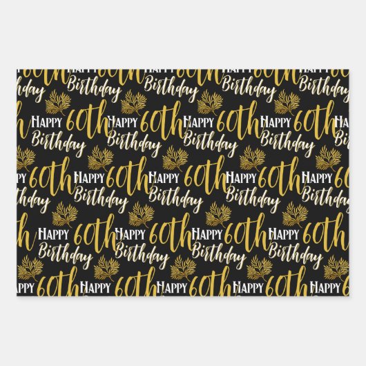 60歳の誕生日 黒金 葉写真 ラッピングペーパーシート (正面3)