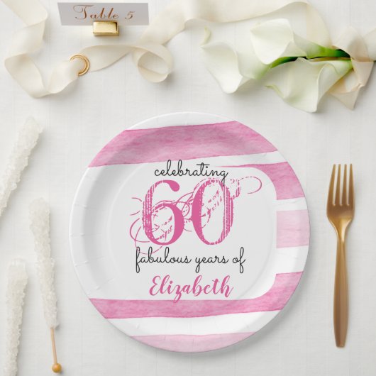 60歳の誕生日 PINK おしゃれな60歳の紙皿 ペーパープレート (ウェディング)