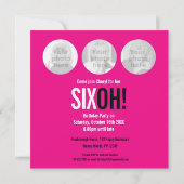 60歳の誕生日SIX OH！フォトピンク色レトロ 招待状 (裏面)