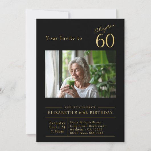 60歳の黒金ゴールド60歳の誕生日パーティーの写真 招待状 (正面)
