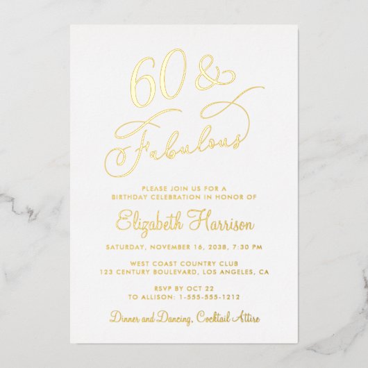 60歳エレガントと素晴らしい60歳の誕生日パーティー 箔招待状 (正面)