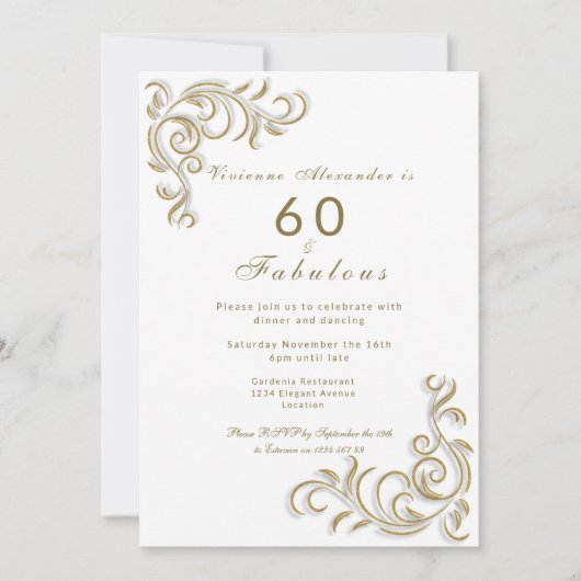 60歳エレガントの素晴らしい誕生日金ゴールドの巻物 招待状 (正面)
