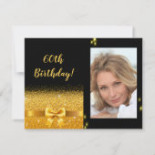 60歳エレガントの誕生日の招待状ブラック金ゴールド写真 招待状 (正面)