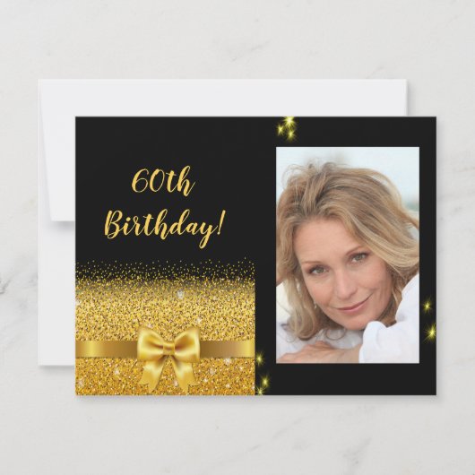 60歳エレガントの誕生日の招待状ブラック金ゴールド写真 招待状 (正面)