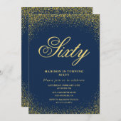 60歳エレガントの誕生日の招待金ゴールドネイビー・グラム 招待状 (正面/裏面)