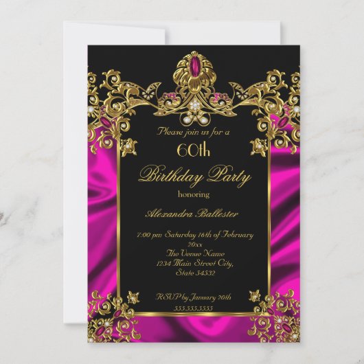 60歳エレガント誕生日パーティーシルクリッチピンク金ゴールド 招待状 (正面)