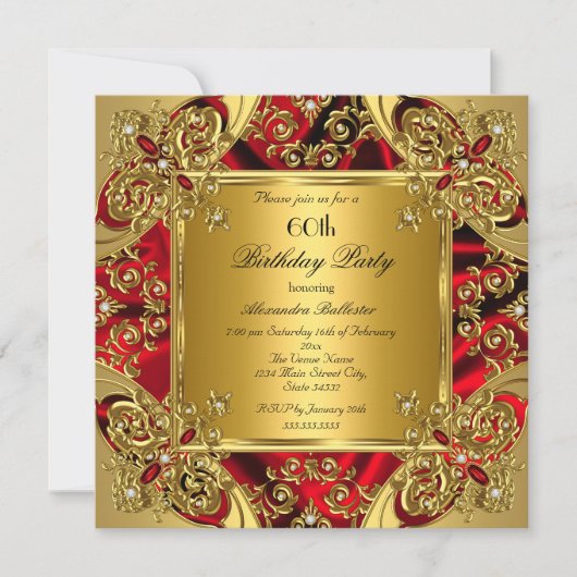 60歳エレガント誕生日パーティーシルビーレッド金ゴールド 招待状 (正面)